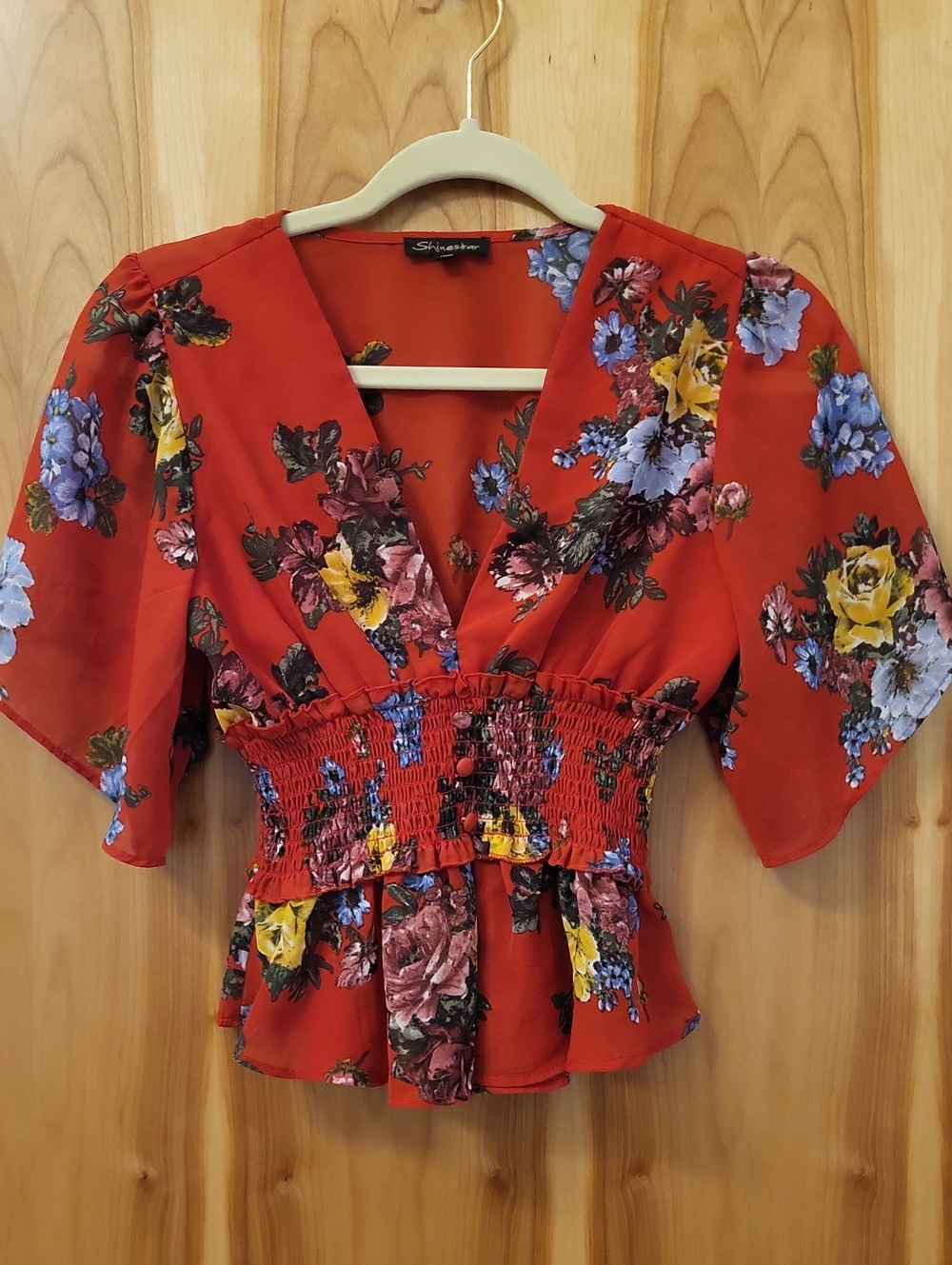Shinestar Red Floral V-Neck Smocked Peplum Blouse